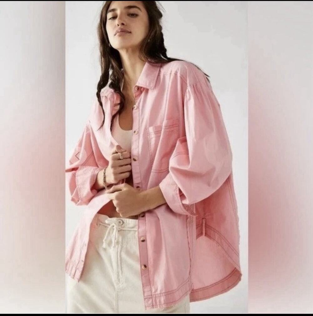 WE THE FREE PEOPLE Happy Hour Pink Oversize Cotton Poplin Button Blouse Top Sz M